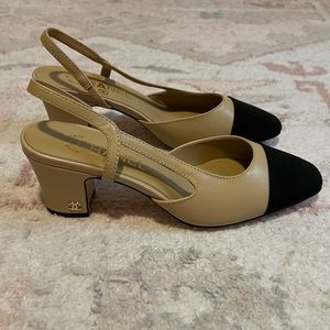 Chanel Nude and Black Sling Back Heels - Size 7